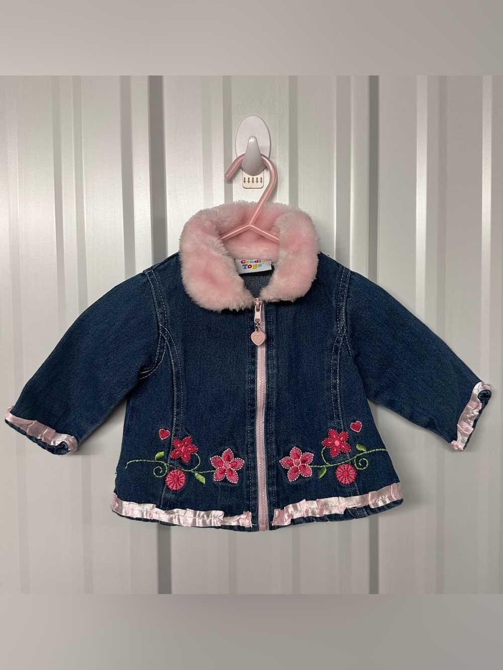 Vintage Infant Girls Pink Faux Fur Collar Denim Jacket Jean Coat Cute Retro